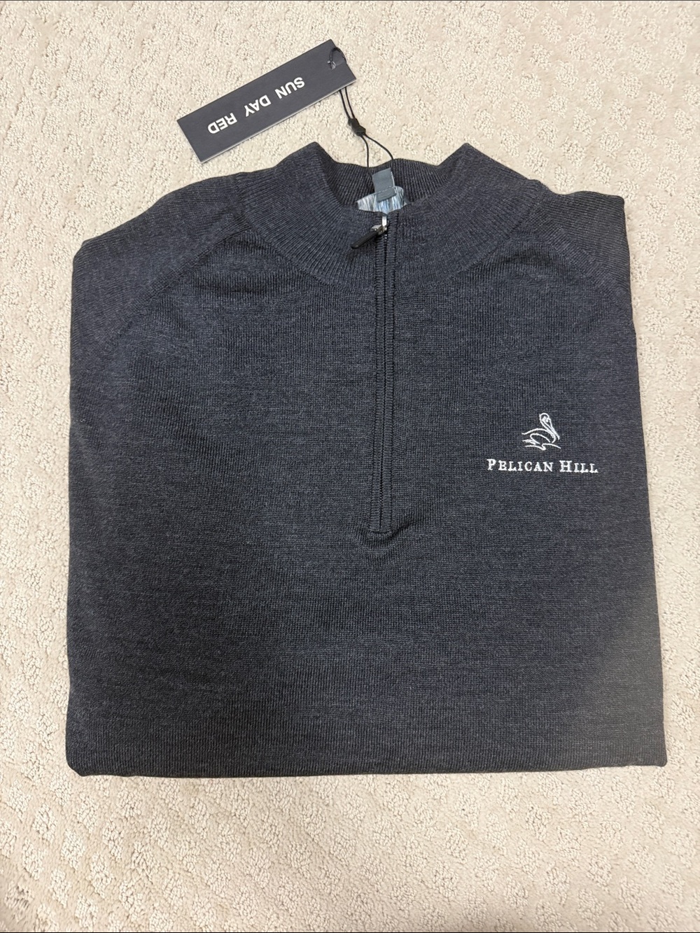 NWT Sun Day Red x Pelican Hill Men's 100% Marino Wool Charcoal Half-Zip Sweater